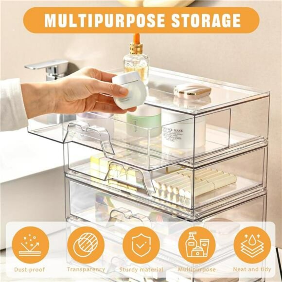 Clear Acrylic Makeup Organizer Stackable Drawer Vanity Bathroom Storage - Picture 5 of 7